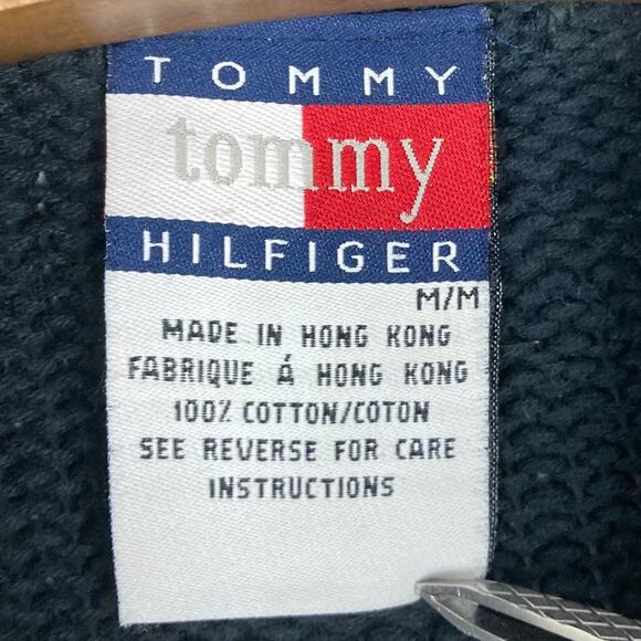 Vintage TOMMY HILFIGER Sweater Men M Stripe Navy Yellow Logo-Crest Thick Knit - Picture 3 of 8